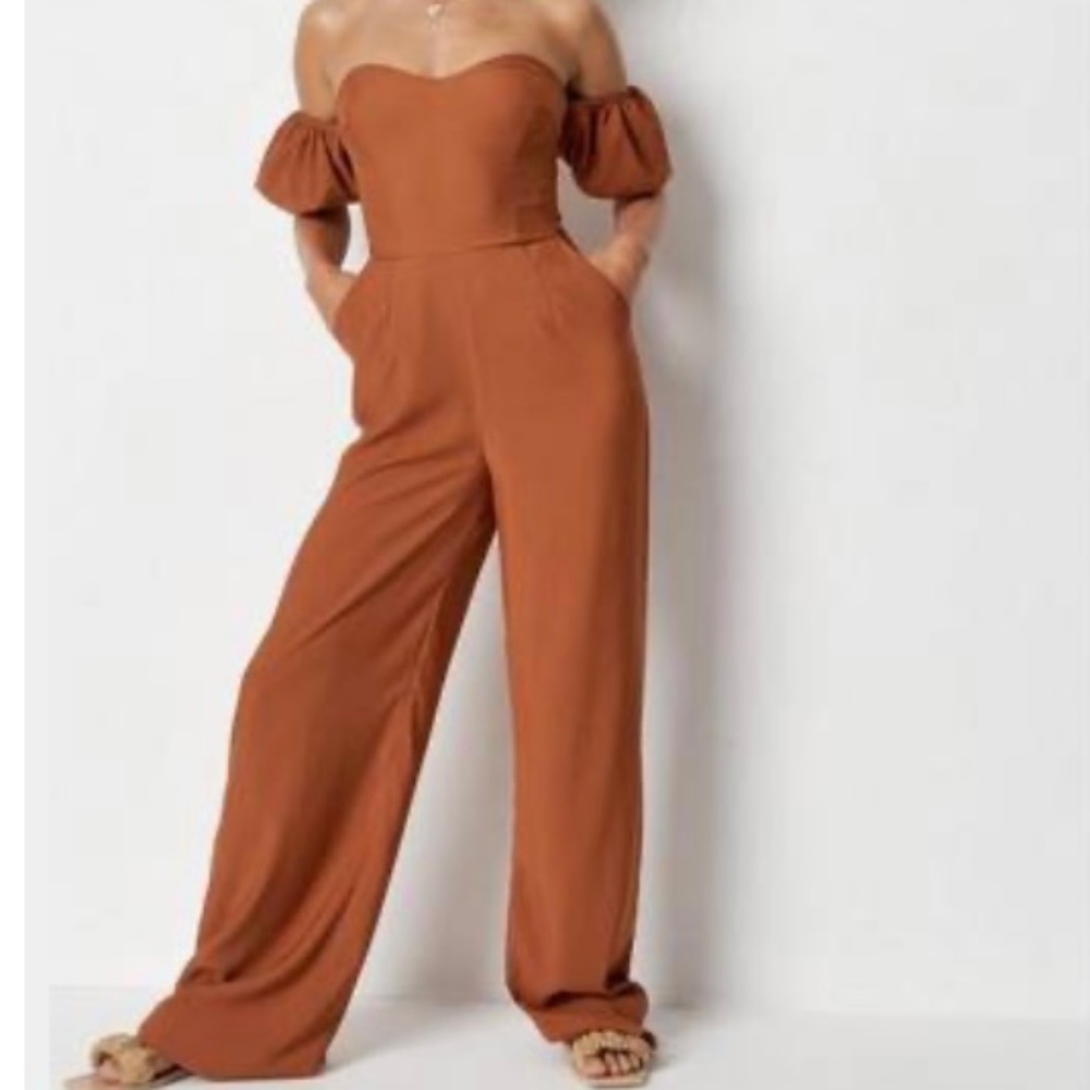 Missguided Tan Cold Shoulder Puff Sleeve Jumpsuit